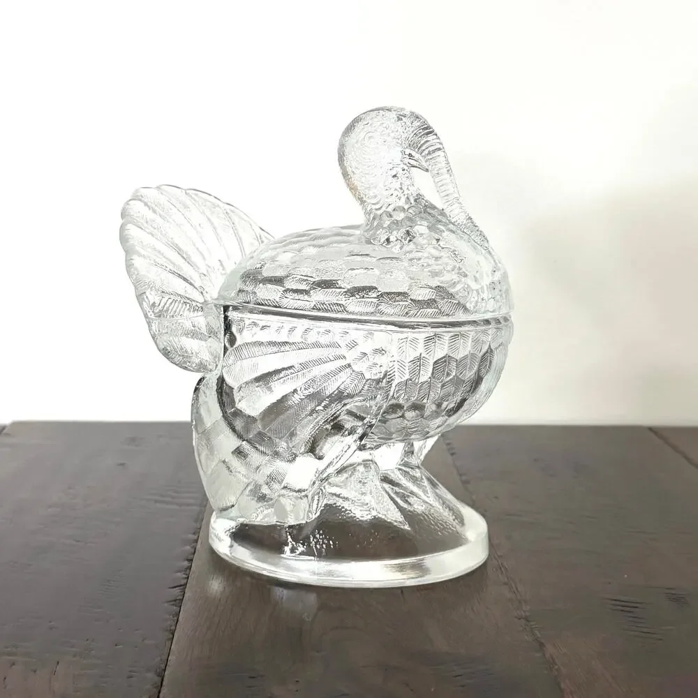 Vintage LE Smith Tom Turkey Nest Candy Dish with Lid Glass Thanksgiving Decor